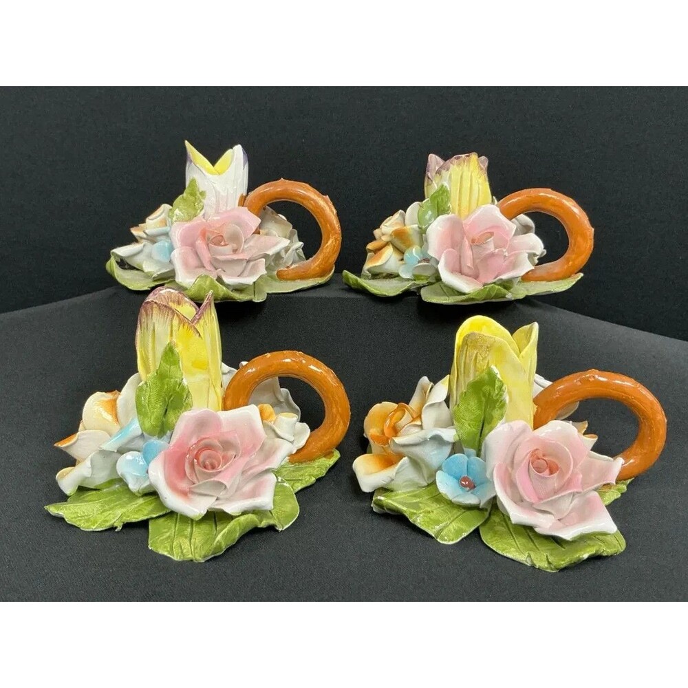 VTG Bassano Italy 4pc Porcelain Ceramic Multicolor Rose Candle Holder Rare 3”